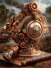 Fototapeta premium Antique Brass Steampunk Inhaler Resting on Leather Bound Book with Mystical Train in Distance