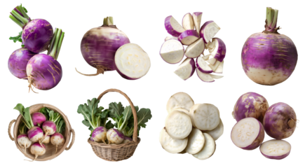 Turnip turnips root vegetable, many angles and view side top front basket pile slice isolated on transparent background cutout, PNG file. Mockup template for artwork graphic design