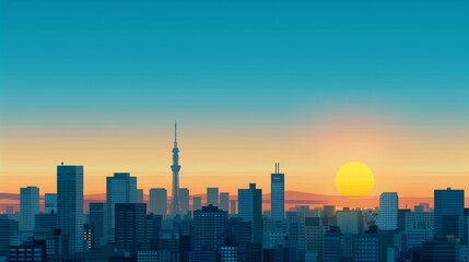 A pixel art style of the Tokyo skyline at sunset