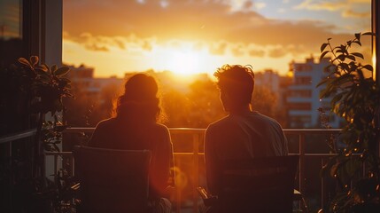 A couple watching the sunrise from their balcony, peaceful morning