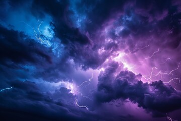 An intense storm featuring vibrant purple and blue hues, with lightning illuminating the sky, Electrifying lightning bolts in a disastrous stormy sky, AI Generated