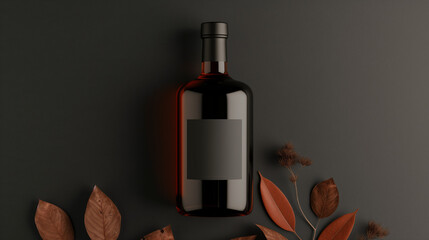 Label design mockup | Bottle of whiskey | dark background | autumn leaves | minimalistic design | flat lay composition | commercial photography | elegant lighting | warm tones | nature-inspired detail