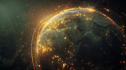 An artistic depiction of Earth with a luminous yellow network, illustrating interconnected cities and international connections