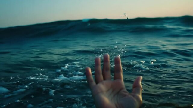 A person drowning in ocean. Hand of drowning man trying to swim out of the stormy ocean. Accident in river,sea, Dangerous situation 4k