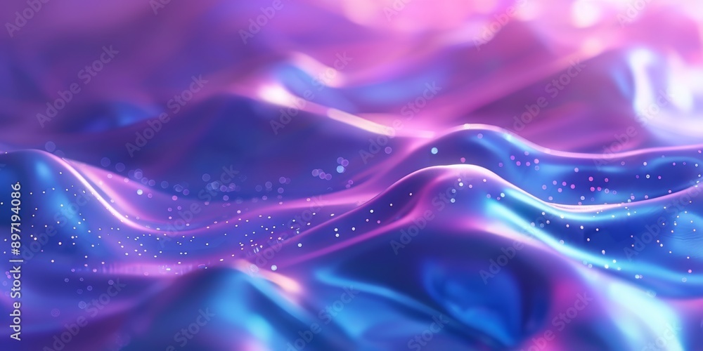 Poster bright iridescent abstract surface with flowing neon waves and sparkling particles, a visual art for