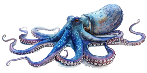 A blue octopus is laying on its back with its mouth open
