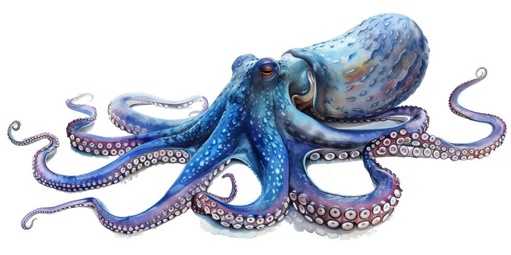 A blue octopus is laying on its back with its mouth open