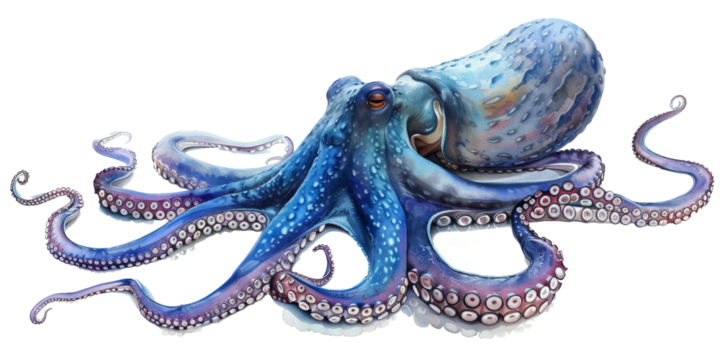 A blue octopus is laying on its back with its mouth open
