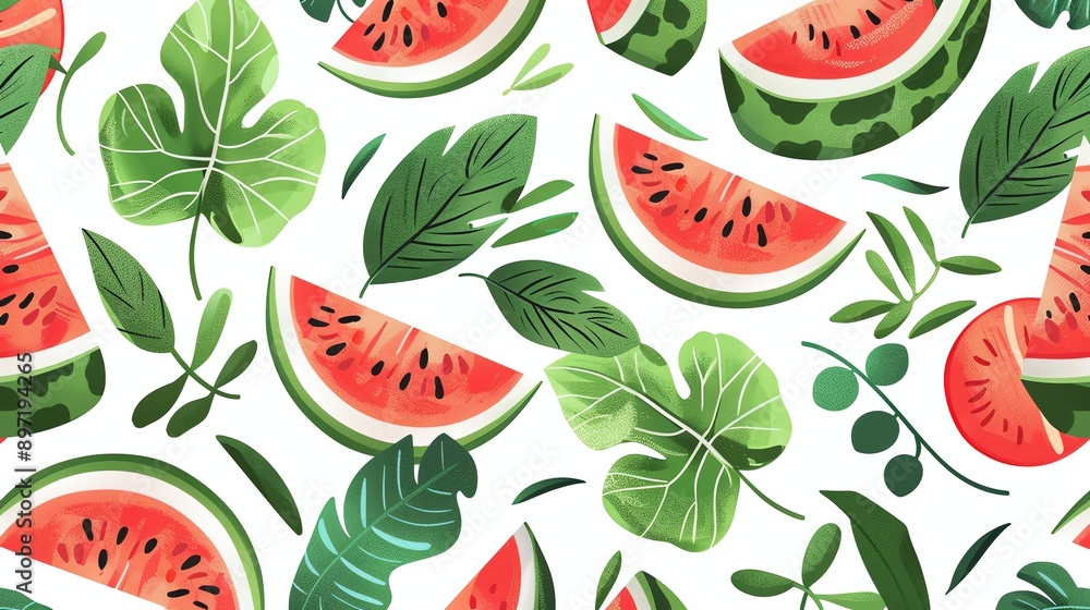 Sticker A seamless pattern of watermelon slices and leaves on a white background.