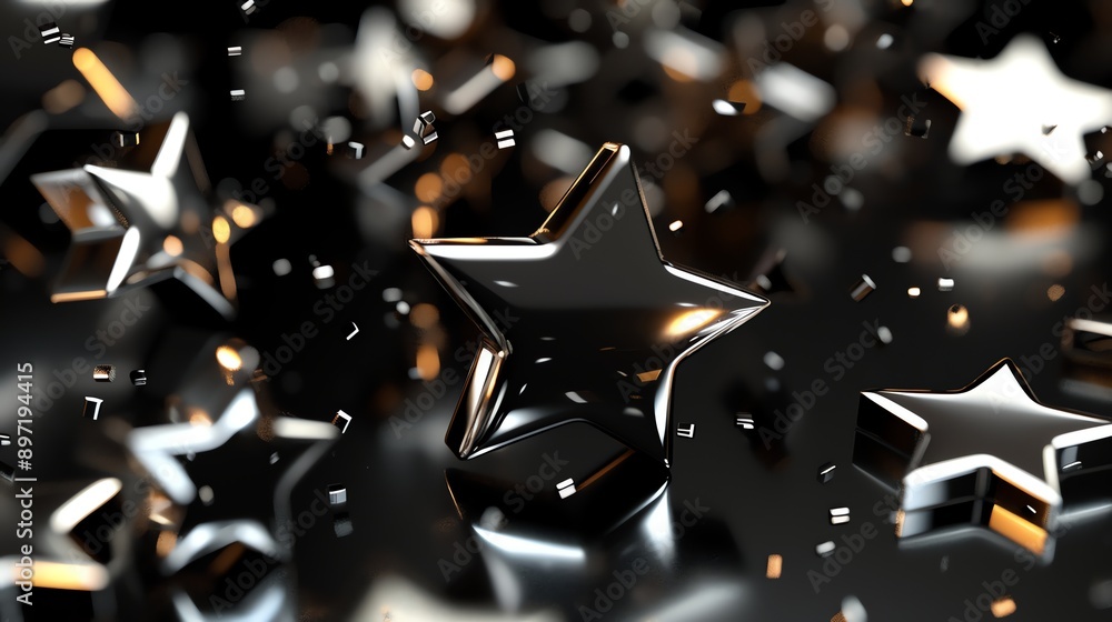 Poster a close-up of a collection of silver stars with a bokeh background.