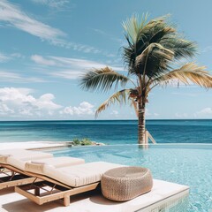 Large rattan beds on the beach, with palm trees and the ocean in the background. Includes a small pool section and clear, sunny sky.