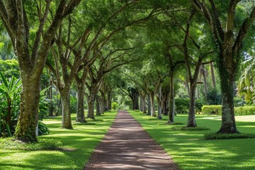 A pathway, bordered by trees, stretches through a vibrant green park, Elegant tree alley featuring diverse species in a botanical park, AI Generated