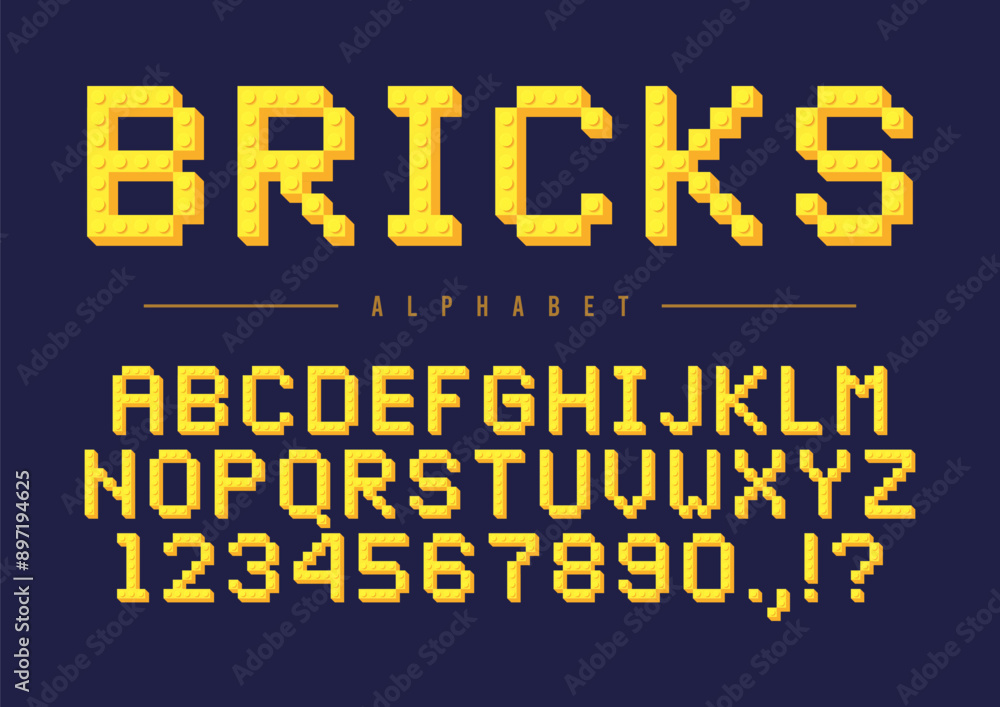 Fototapete plastic brick font. alphabet from 3d yellow toy blocks. letters and numbers from construction toy br
