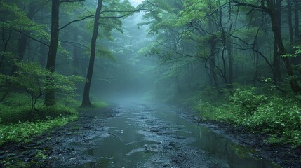 Obraz premium A foggy forest scene depicting a water-covered ground, surrounded by lush greenery and tall, spindly trees, offering an ethereal and mystical atmosphere.