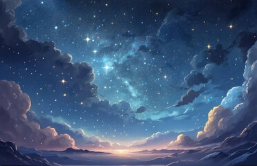 Fototapeta premium Illustration of a night starry sky in cartoon style, with bright stars and planets on a dark background, creating a magical mood