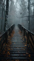 A wooden bridge extends into a misty forest