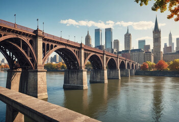  Historic bridge spanning across a river with a vibrant cityscape in the background. 