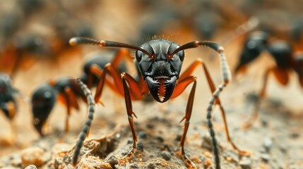 Fototapeta premium An ant colony working together, demonstrating their organized structure.