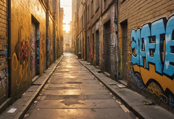Fototapeta premium Graffiti-covered alleyway bathed in golden light at sunset. 