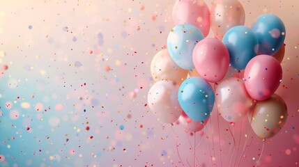 Abstract background in soft pastel shades, adorned with colorful party balloons, adding a cheerful and vibrant touch to birthday celebrations.