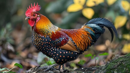 A vibrant and colorful rooster stands proudly amid green plants and foliage, showcasing its beautiful and intricate plumage.