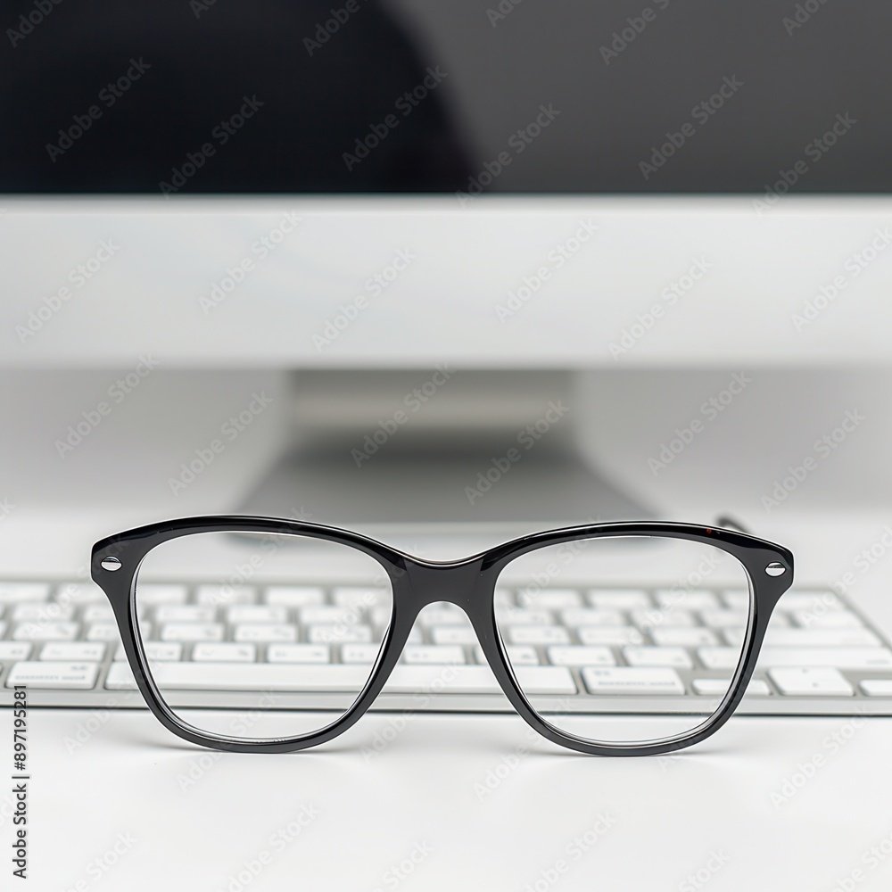 Poster a pair of black eyeglasses rests on a white computer keyboard in front of a blurred computer monitor