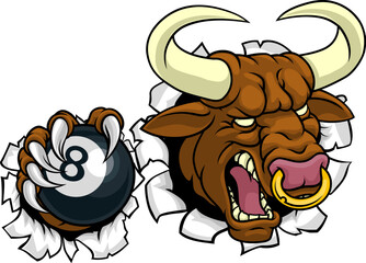 A bull or Minotaur monster longhorn cow angry mean pool mascot cartoon character.