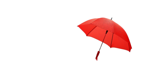 A red umbrella is open in the rain