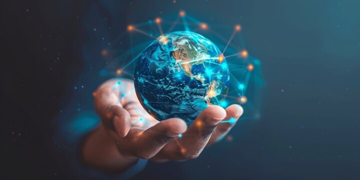 Hand holding digital globe with interconnected nodes representing global connectivity and technology. - Powered by Adobe