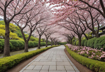  The iconic cherry blossom trees blooming along a path in a Japanese garden. 