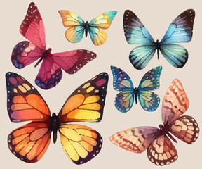 set with a variety of bright butterflies in a watercolor style