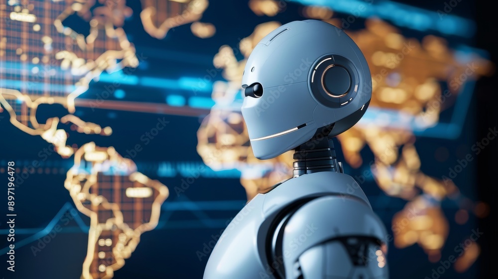 Poster a robot stands in front of the world map