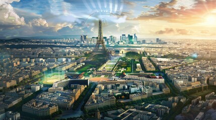 Artistic depiction of the Paris 2024 Olympics venues superimposed with famous landmarks.