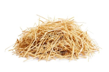 A pile of golden hay sits on a clean white surface, ideal for agricultural or rustic themed projects