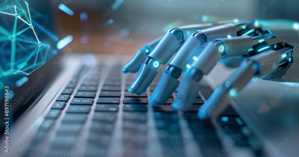 Poster a robotic hand typing on an office computer keyboard with digital connections and data flowing
