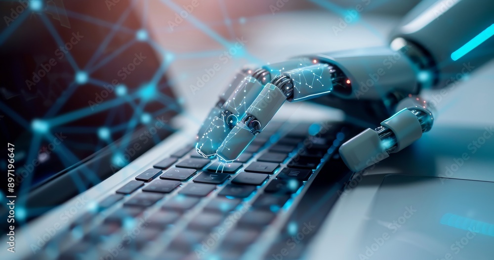 Poster a robotic hand typing on an office computer keyboard with digital connections and data flowing