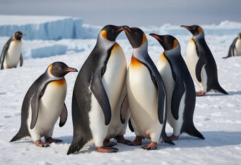 Fototapeta premium A group of penguins huddled together on a snowy Antarctic landscape. 