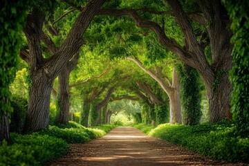 A dirt road winds its way through a lush landscape of trees and greenery, creating a picturesque scene of natural beauty, Enchanted tree alley in a mystical park setting, AI Generated