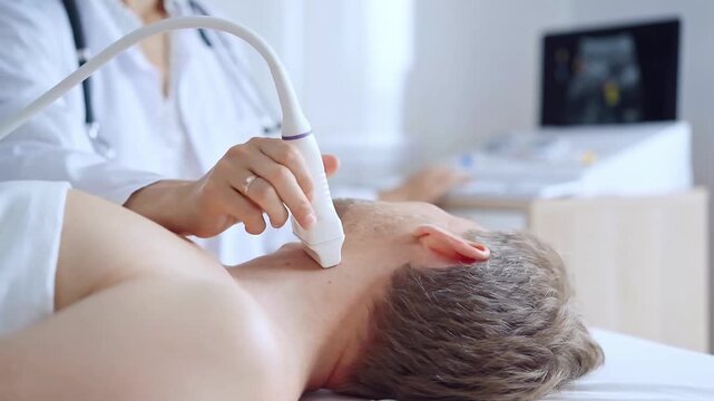 Doctor woman wearing white medical coat performing neck ultrasound exam on male patient. Medicine service concept