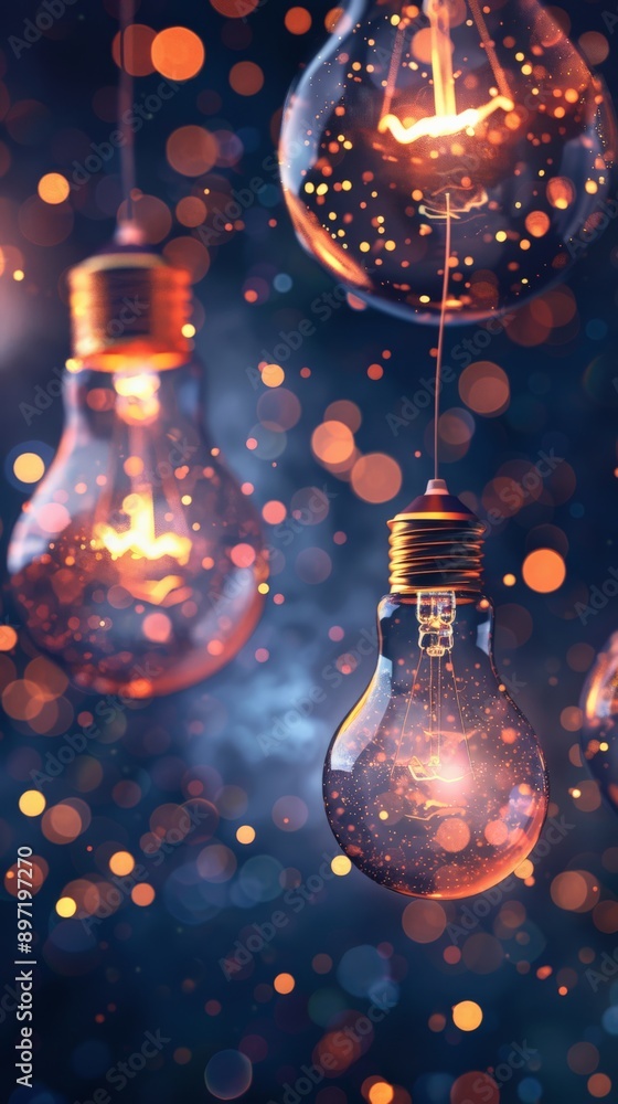 Poster abstract image of glowing light bulbs with bokeh background, representing creative ideas and innovat