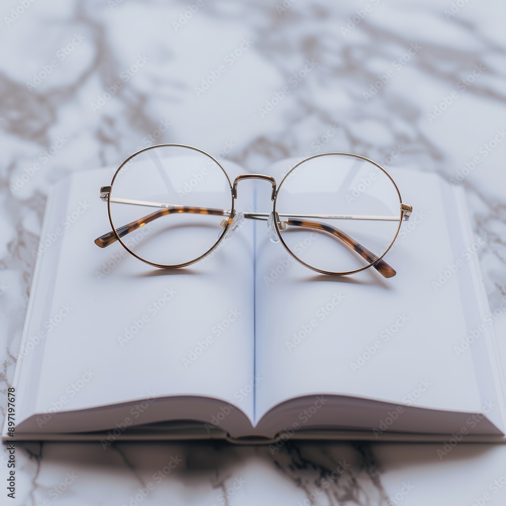Poster a pair of round eyeglasses rests on an open book, the pages are blank and the background is a minima
