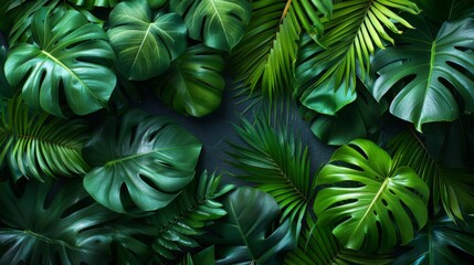 An array of various green leaves, including monstera and fern, spread artfully showcasing the lush diversity and textures found in plant foliage.