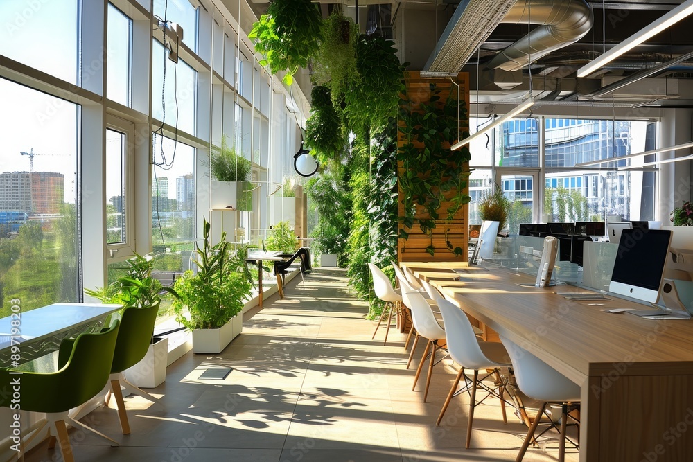 Poster a spacious office setting with a lengthy table and numerous plants, creating a vibrant and lively at