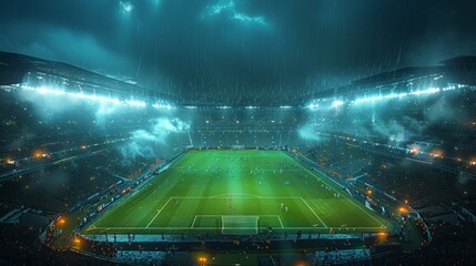 A vibrant night soccer match takes place in a packed stadium under dramatic lighting and a rainy sky, showcasing the energy of live sports events.