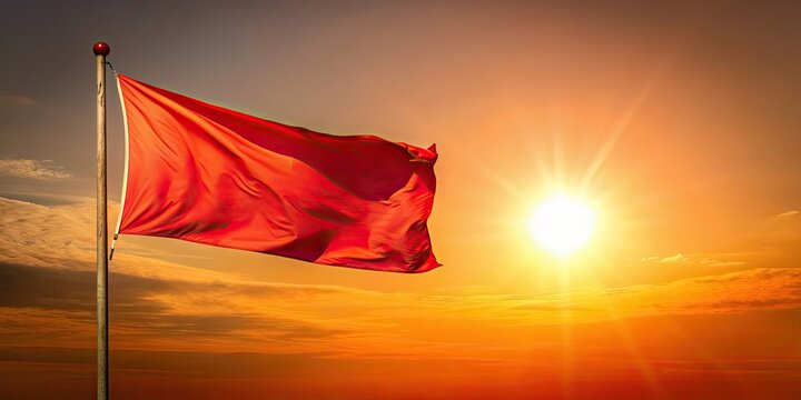 Red flag waving in front of a red sun, symbolizing warning and danger, red, flag, waving, sun, warning, danger, caution, alert
