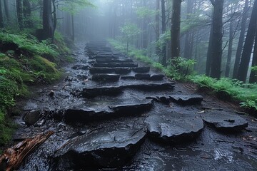 A misty forest trail composed of worn stone steps leads into the distance, surrounded by lush green foliage and shrouded in fog, creating a mystical atmosphere.