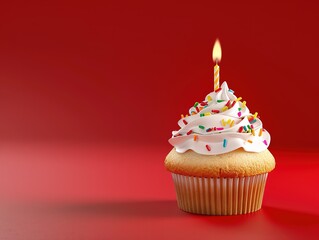 Delicious cupcake with pink frosting, colorful sprinkles, and a single candle on a vibrant red background. Perfect for birthday celebrations or romantic Valentine’s Day moments