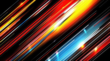 Energetic and dynamic diagonal lines in a range of vivid hues race across a polished black backdrop, evoking a feeling of motion and vitality