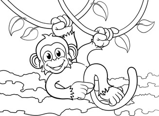 A monkey cartoon character singing on jungle vines and pointing