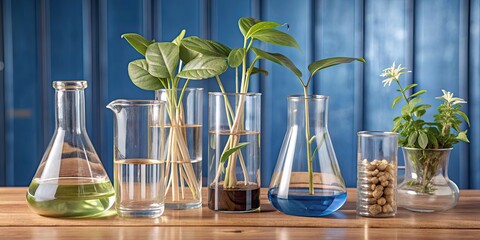 Plants and natural leaves in laboratory glassware for scientific research, balloon, beaker, test tube, science